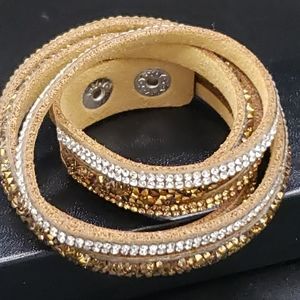 Tan Blingy Wrap Bracelet With 3 Rows of Crystals